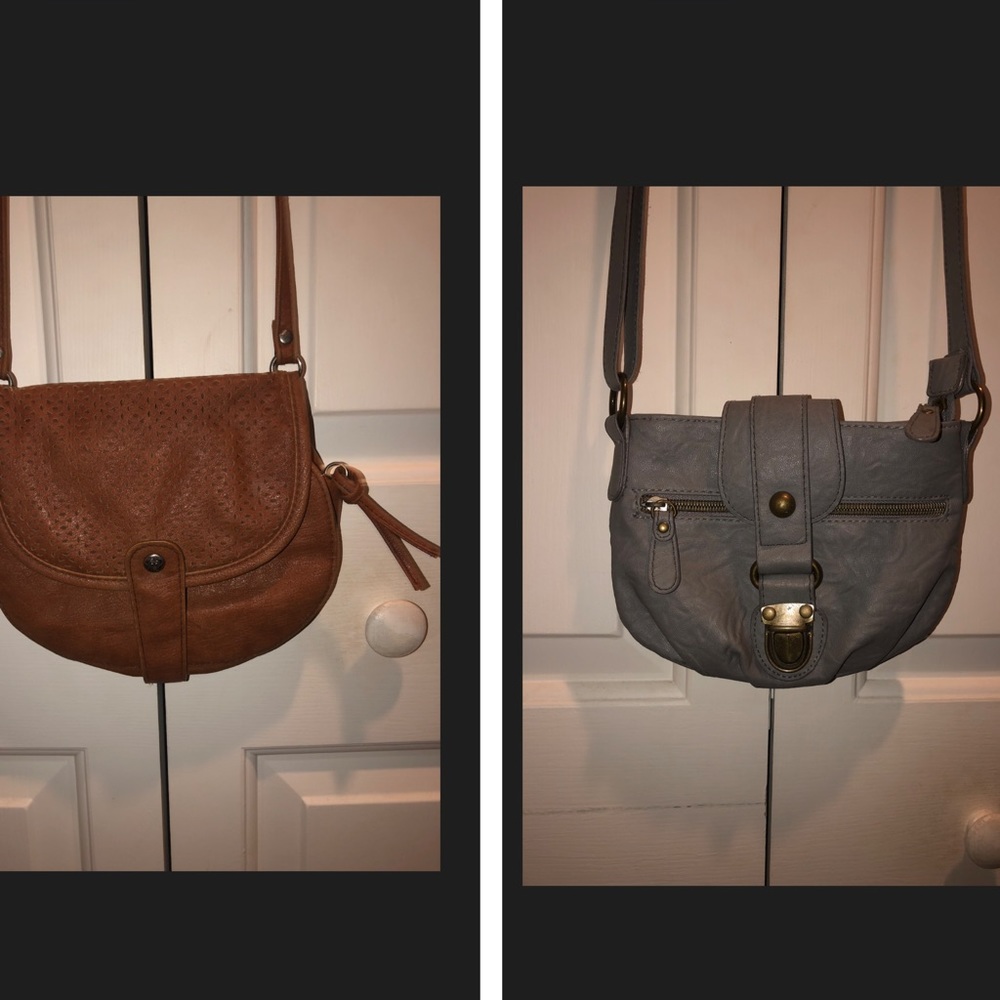 2 faux leather cross body bags tan and grey